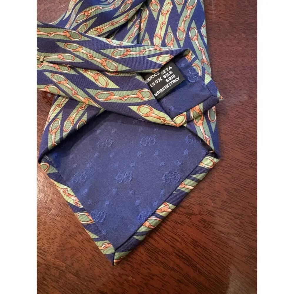 Gucci Silk Horsebit Equestrian Tie Navy Green Orange Made in Italy Luxury NWOT